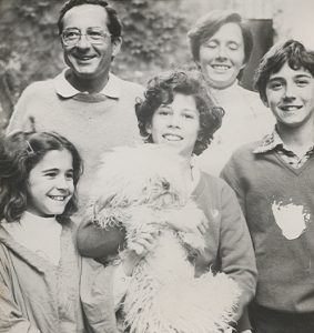Josep and Marta with their children Susana, Carlos and Eduardo with the dog Chips in 1980. This photo was always in a favored place in Egozcue's office.