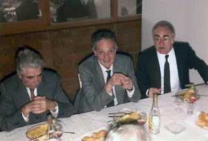 Retirement meal of Professor Lluís Vallmitjana (left) in 1985. In the center we can see Professor Josep Planas and on the right Professor Ramón Parés.