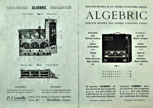 Algebric - P CASTELLS. Two pages of the advertising document - in bilingual! -. With the Algebric, created after the Weighing Balance, he intended to earn money. There is a copy in the Barcelona School of Industrial Engineering.