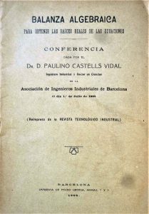 Balança Algèbrica - discurs. És la coberta de la conferència de presentació que va fer a l'Associació d'Enginyers Industrials de Barcelona el 1908.
