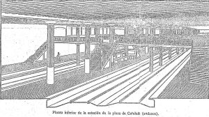 Proyecto de la estación de Plaza de Cataluña del Metropolitano Transversal, por encima del Gran Metro de Barcelona (primera línea, parte de la actual Línea 3). Fuente: Fondo Terradas, Archivo del IEC.