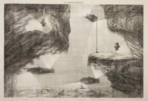 Lámina sobre las posibilidades del Ictíneo aparecida en: MONTURIOL, Narcís. Memoria sobre la navegación-submarina, por el inventor del Ictíneo o barco-pez... Barcelona, Establecimiento Tipográfico de Narciso Ramírez, 1860.