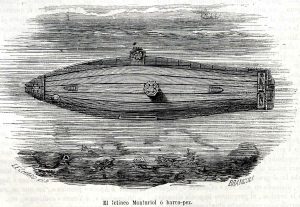 Grabado del prototipo del Ictíneo, aparecido en La Abeja, Barcelona, tomo II, 1863, p. 170. 