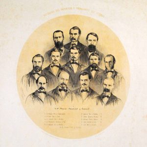 El equipo (denominados “tripulantes”) que construyó el prototipo del Ictíneo. Grabado de Eusebi Planas de 1860. Museu Marítim de Barcelona.