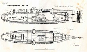 Planos del Ictíneo en grande que aparecen en: MONTURIOL, Narciso. Ensayo sobre el arte de navegar por debajo del agua. Barcelona, Imprenta de Henrich y Cía., 1891. 