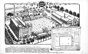 Grabado de la Escuela Industrial de Barcelona, con la composición de centros docentes y de investigación, en 1923. Fuente: Mancomunitat de Catalunya.