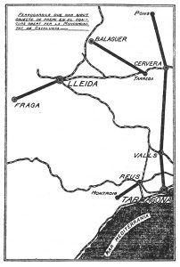 Proyecto de las cuatro líneas de Ferrocarriles Secundarios de la Mancomunitat que fueron aprobadas: Reus-Montroig, Tarragona-Ponts, Balaguer-Cervera, Fraga-Lérida. Los ayuntamientos implicados estaban dispuestos a participar en una construcción que la Dictadura de Primo de Rivera no asumió. Fuente: Fondo Terradas, Archivo del IEC.